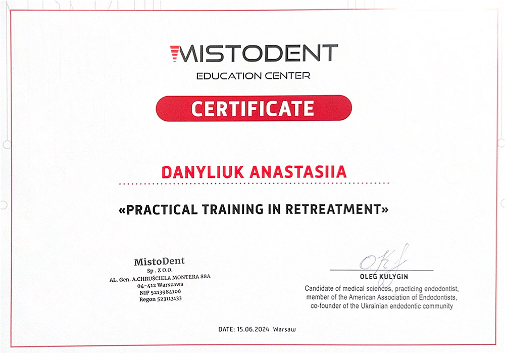 CERTIFICATE: "Practical Training in Pretreatment" - Anastasiia Danyliuk