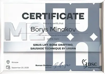 CERTIFICATE: SINUS LIFT. BONE GRAFTING. SAUSAGE TECHNIQUE BY URBAN - Borys Minakov