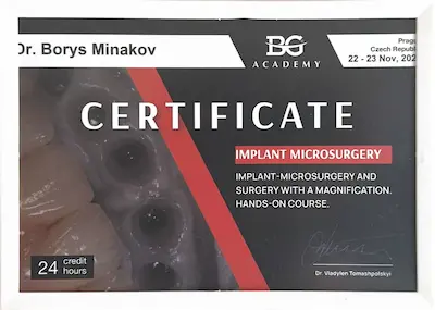 CERTIFICATE: IMPLANT-MICROSURGERY AND SURGERY WITH A MAGNIFICATION. HANDS-ON COURSE. - Borys Minakov