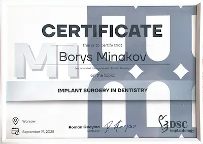 CERTIFICATE: IMPLANT SURGERY IN DENTISTRY - Borys Minakov