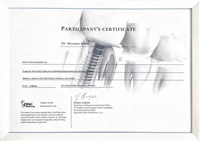 PARTICIPANT'S CERTIFICATE: The master class involves gaining basic knowledge about restoring dentition wich implants, demonstrating the practical benefits of this method in dental care, planning implantation on computed romography, and practicing implant placement on phantoms. - Borys Minakov