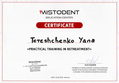 CERTIFICATE: “Practical training in retreatment” - Yana Tereshchenko