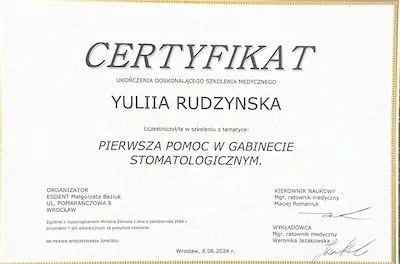 CERTIFICATE: “First Aid in the Dental Office” - Yuliia Rudzynska