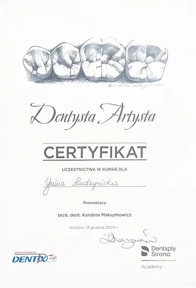 CERTIFICATE: Dental technician Karolina Maksymowicz - Yuliia Rudzynska