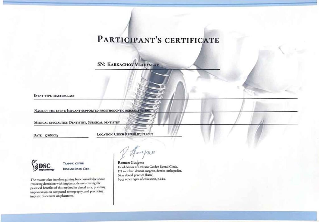 CERTIFICATE: „PROSTHETIC REHABILITATION SUPPORTED BY IMPLANTS” - Vladyslav Karkachov