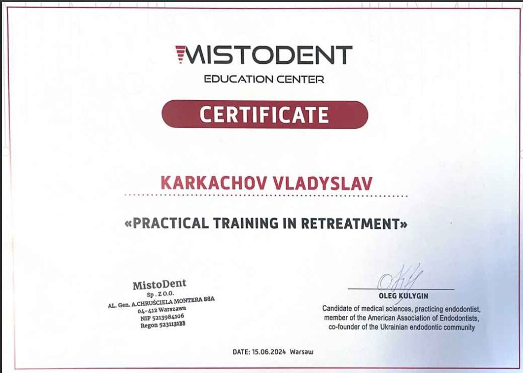 CERTIFICATE: „PRACTICAL TRAINING IN RETREATMENT" - Vladyslav Karkachov