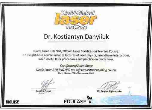 CERTIFICATE: "Diode Laser 810, 940, 980 nm Soft Tissue Laser Training Course" - Kostiantyn Danyliuk