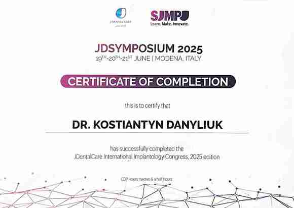 CERTIFICATE: JDentalCare International Implantology Congress, 2025 edition - Kostiantyn Danyliuk