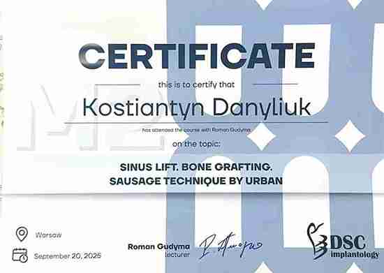 CERTIFICATE: “Sinus Lift. Bone Grafting. Sausage Technique by Urban” - Kostiantyn Danyliuk