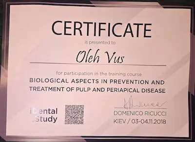 CERTIFICATE: “Biological aspects in prevention and treatment of pulp and periapical disease” - Oleg Vus
