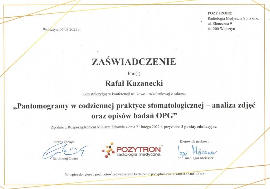 CERTIFICATE: «Panoramic radiographs in daily dental practice — analysis of images and OPG report descriptions» - Rafal Kazanecki