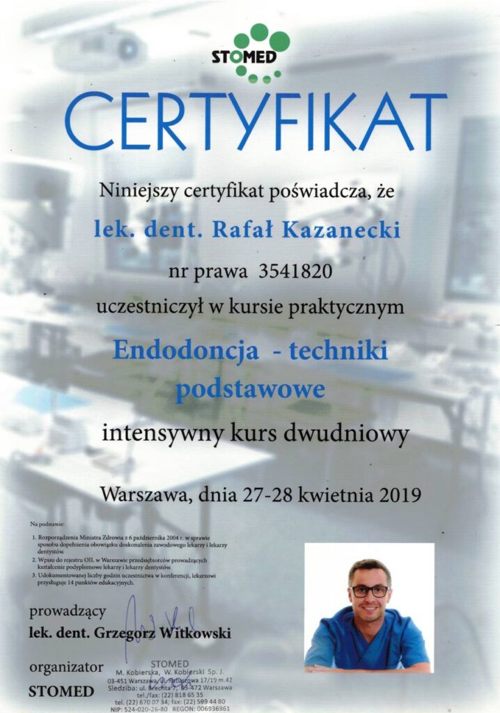 CERTIFICATE: «Endodontics — main methods» - Rafal Kazanecki
