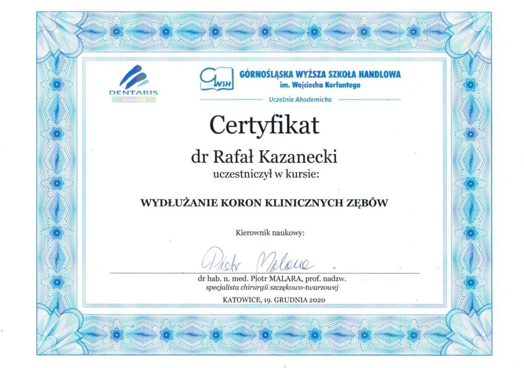 CERTIFICATE: «Crown lengthening (clinical crowns of teeth)» - Rafal Kazanecki