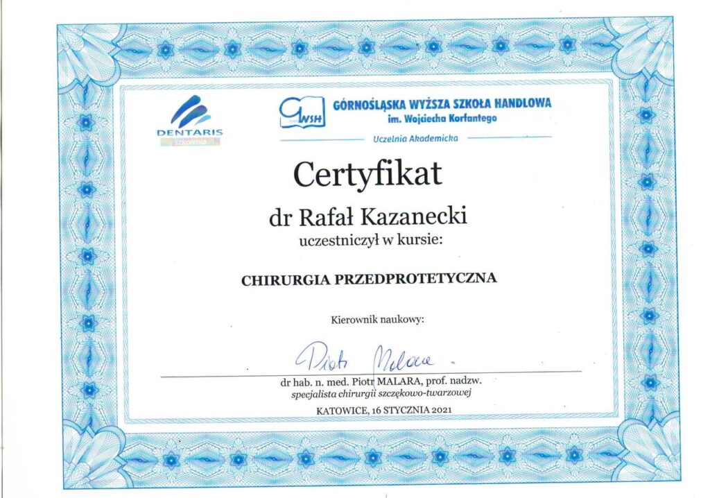 CERTIFICATE: «Preprosthetic surgery» - Rafal Kazanecki