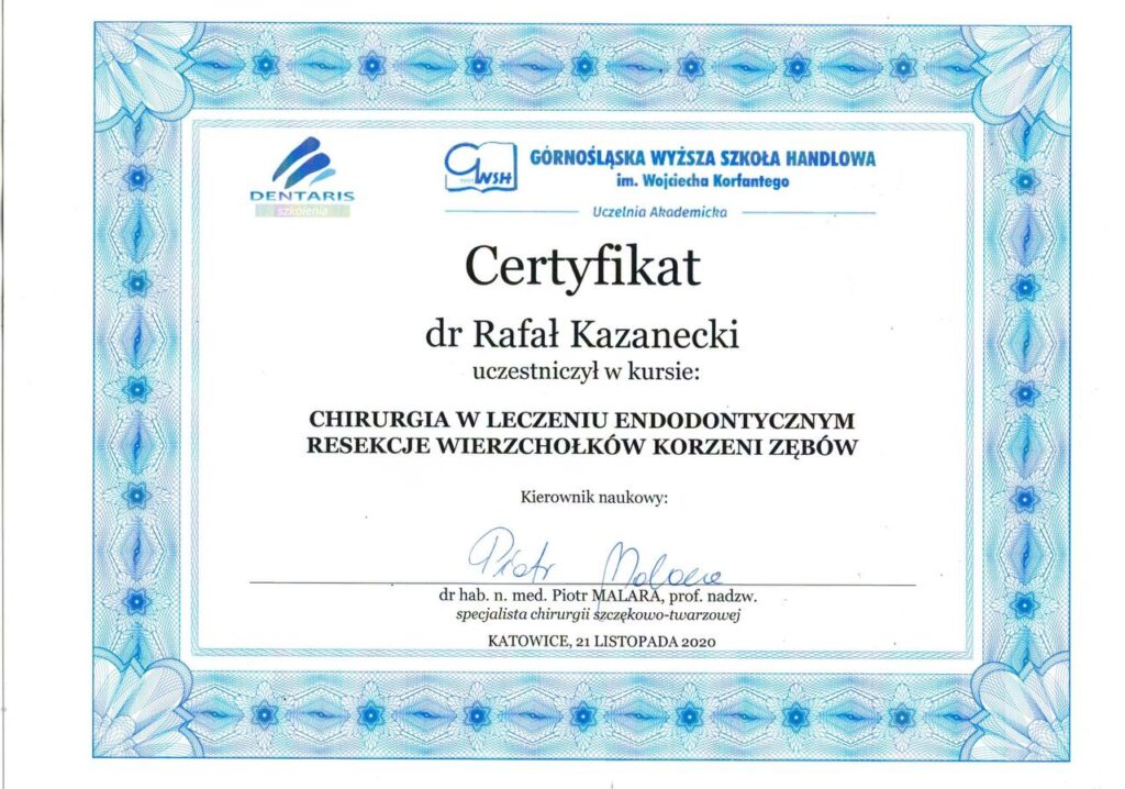 CERTIFICATE: «Surgery in endodontic treatment: apicoectomy (root-end resection)» - Rafal Kazanecki