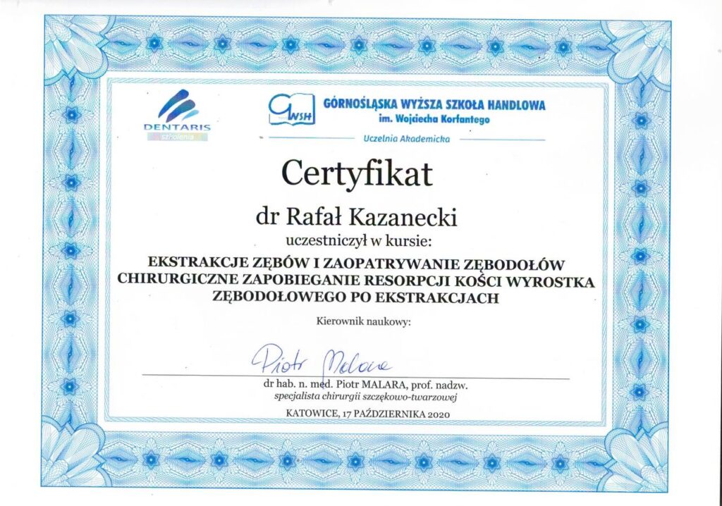 CERTIFICATE: «Tooth extraction and socket management: surgical prevention of alveolar bone resorption after extraction» - Rafal Kazanecki