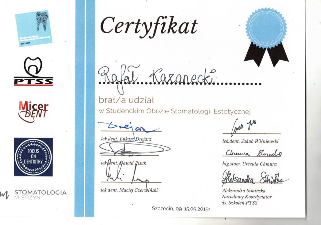 CERTIFICATE: «Student Camp of Esthetic Dentistry» - Rafal Kazanecki