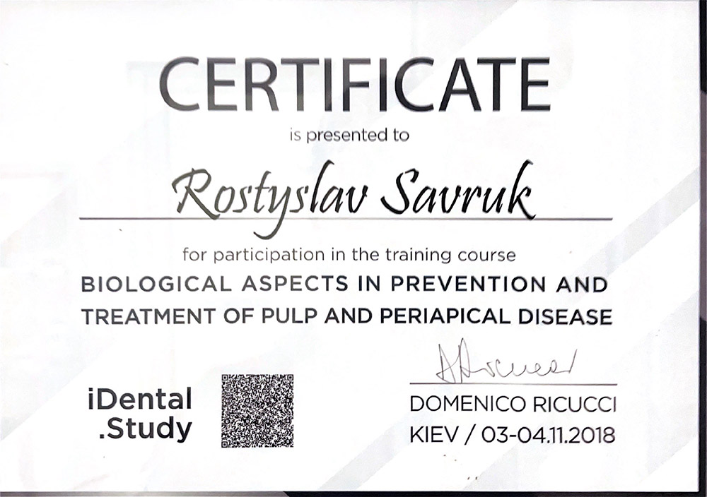 CERTIFICATE: «Biological aspects in prevention and treatment of pulp and periapical disease» - Rostyslav Savruk