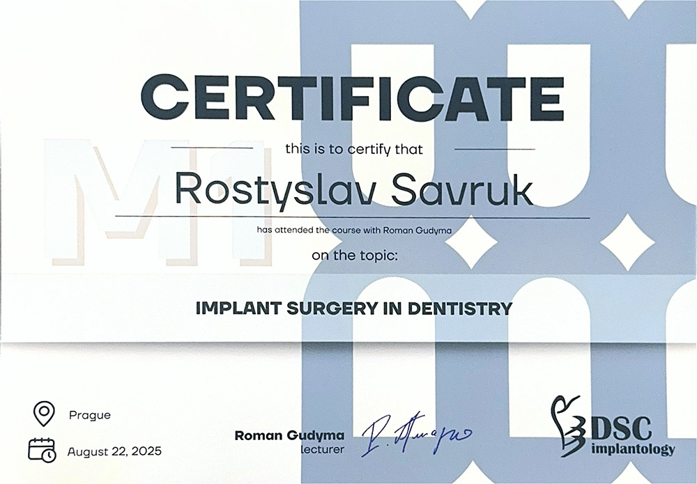 CERTIFICATE: «Implant surgery in dentistry» - Rostyslav Savruk