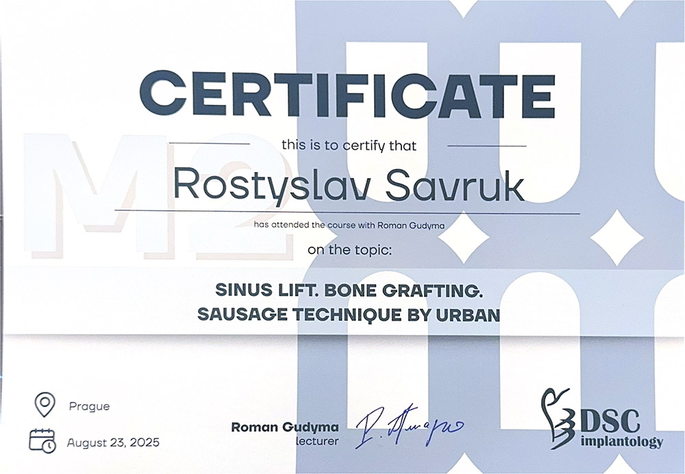 CERTIFICATE: «Sinus lift. Bone grafting. Sausage technique by Urban» - Rostyslav Savruk