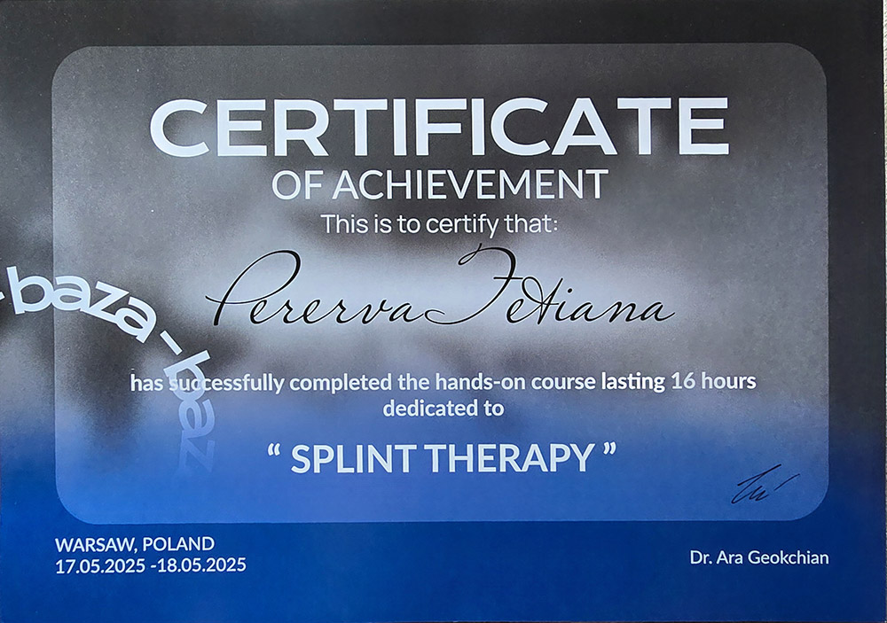 CERTIFICATE: «SPLINT THERAPY» - Tetiana Pererva